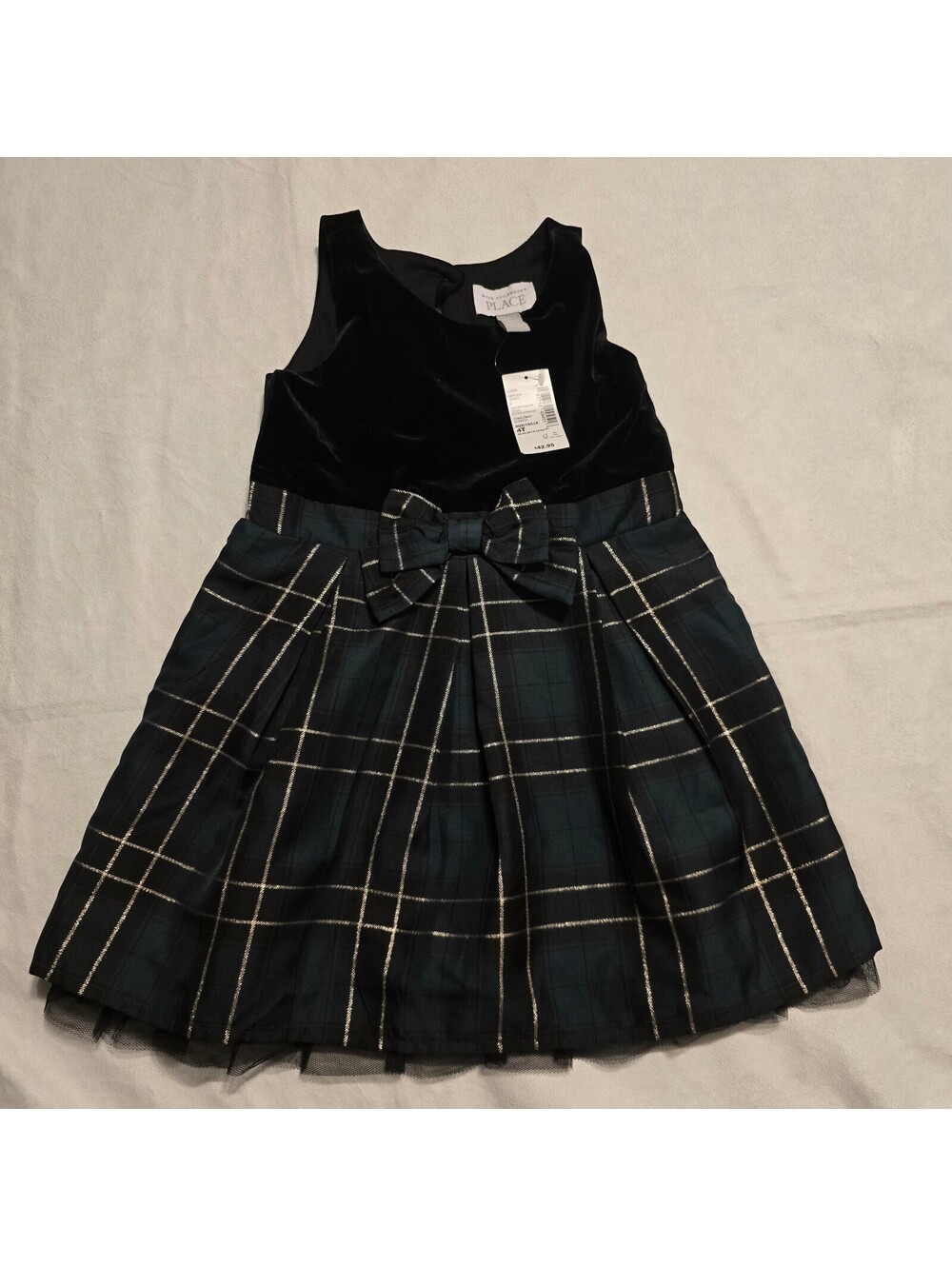 Girls' Black Velvet and Plaid Bow Dress, Size 4T, Holiday Party Dress